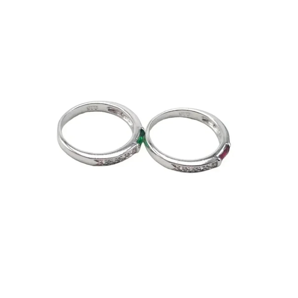 925 Sterling Silver Set of Two Red and Green Stone Band Rings Size 7 Vintage